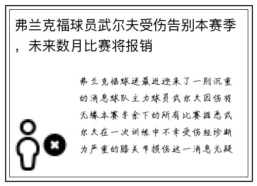 弗兰克福球员武尔夫受伤告别本赛季，未来数月比赛将报销